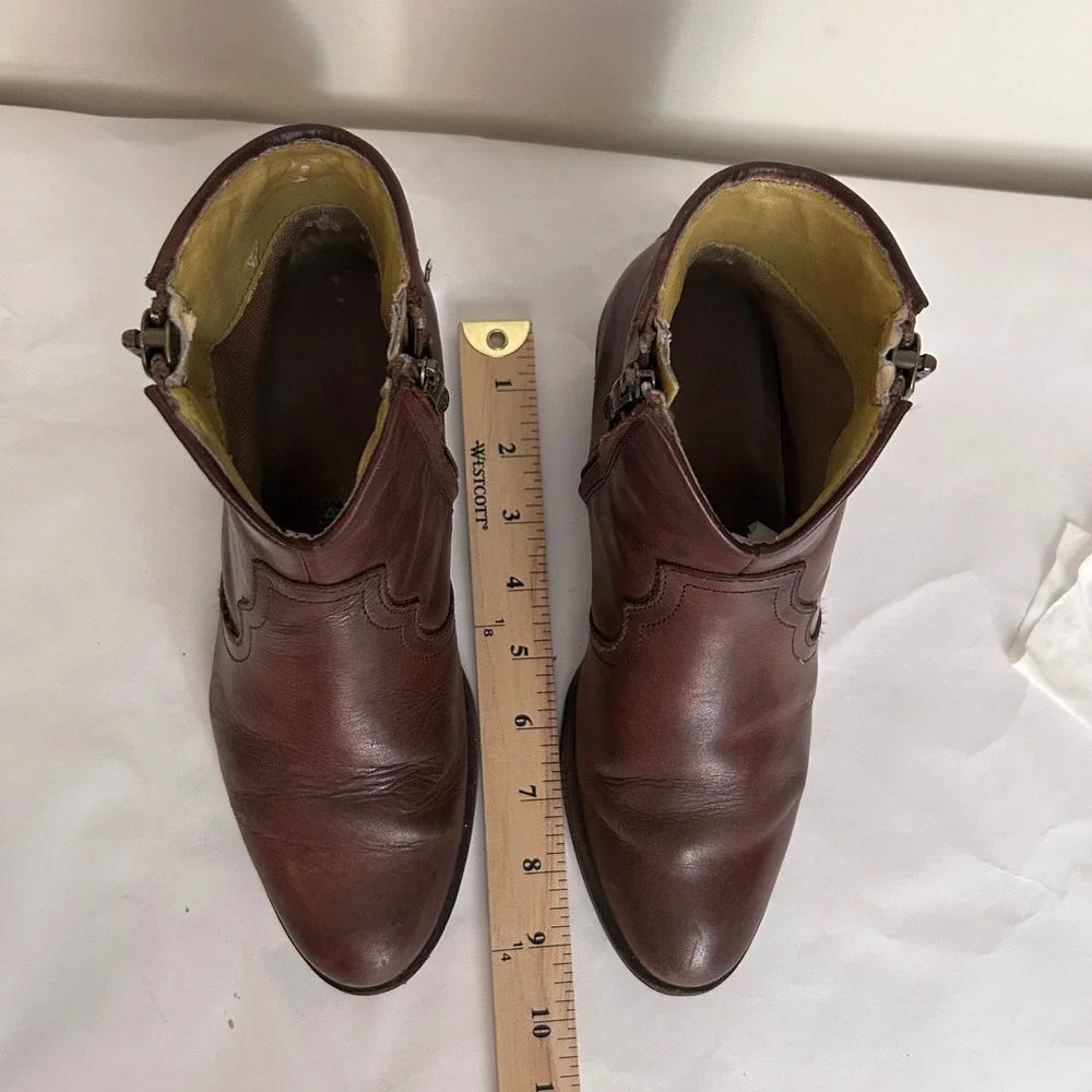 BUSSOLA Brown Leather Ankle Boots Western‎ Style Side Zip Block Heel 38